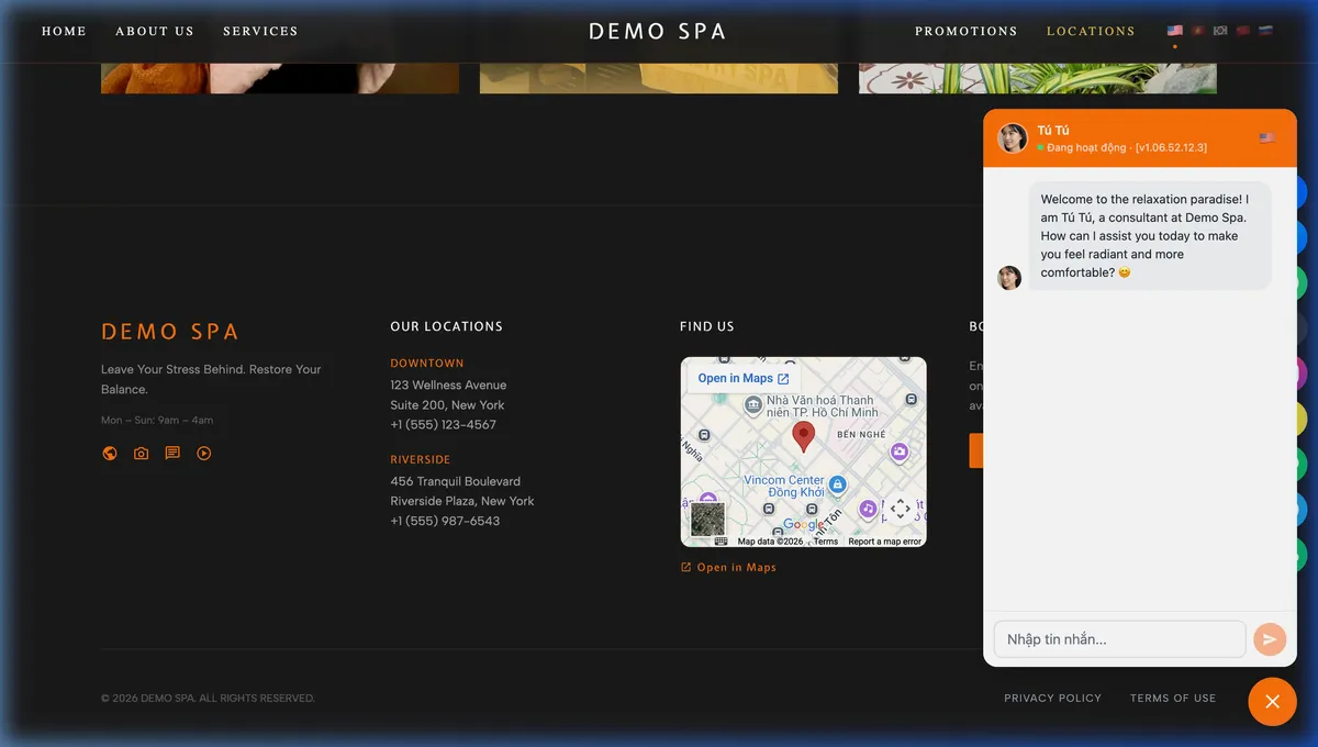 Multi-channel contact with Zalo, WhatsApp, Messenger, Google Maps integration