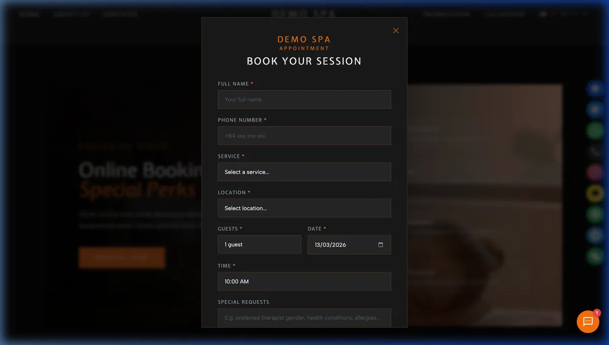 Online booking form with service selection, date picker, and guest details