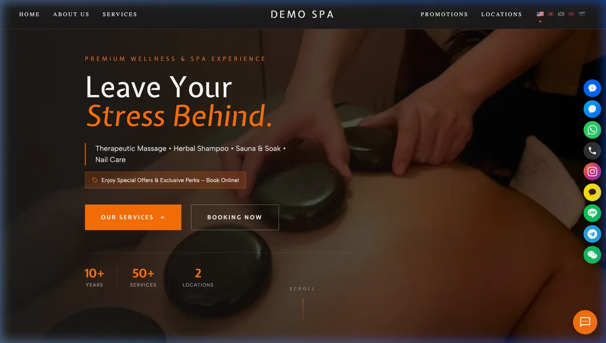 Spa website landing page with dark luxury theme, booking CTA, and multi-channel contact — designed by Servio